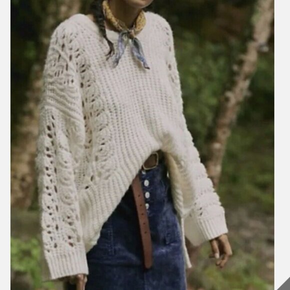Anthropologie Sweaters - Anthropologie Pilcro Devenne Pointelle Cream Chunky Oversized Cottage Sweater